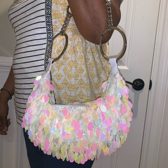 Mini Sparkly Sequined Hoop Strap Hobo Shoulder Bag - Picture 13 of 13